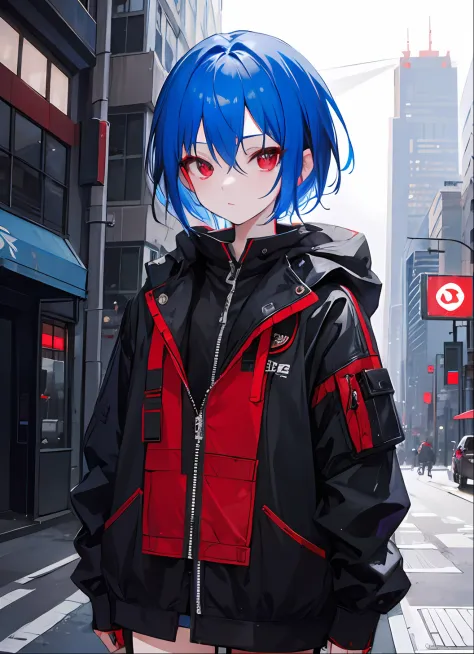 1girl, short blue hair, red eyes, cyberpunk outfit, city, absurdres, high res, ultrasharp, BK, masterpiece, looking at viewer