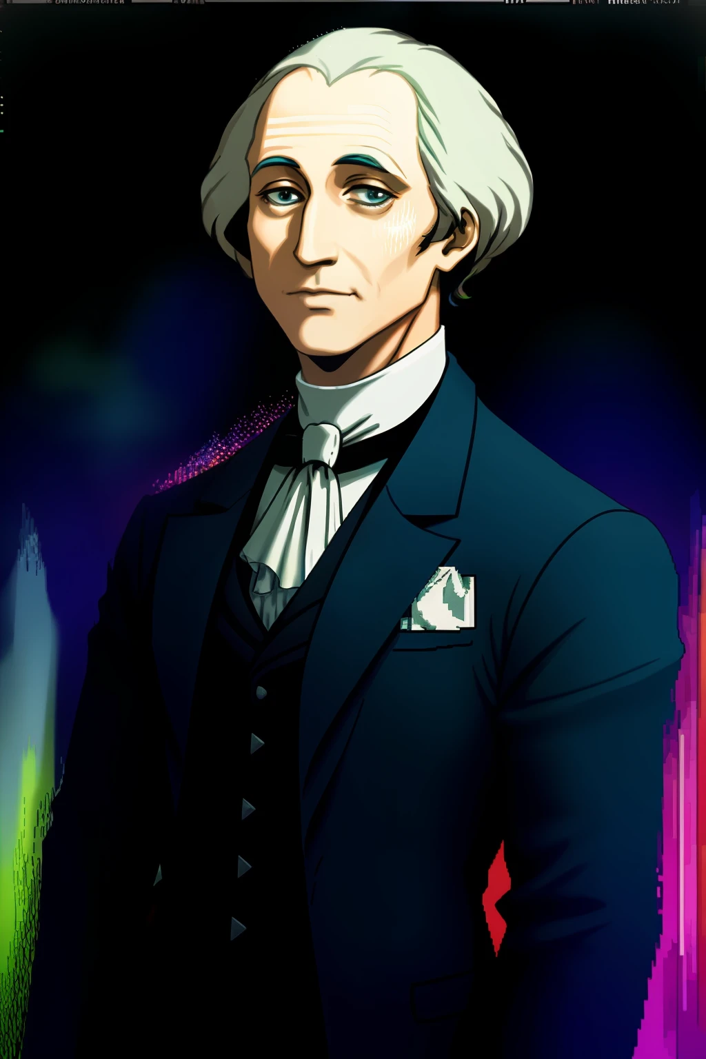 George Washington, tuxedo suit, glow in the dark hair, the style is pixel art with bright colors and dithering effects