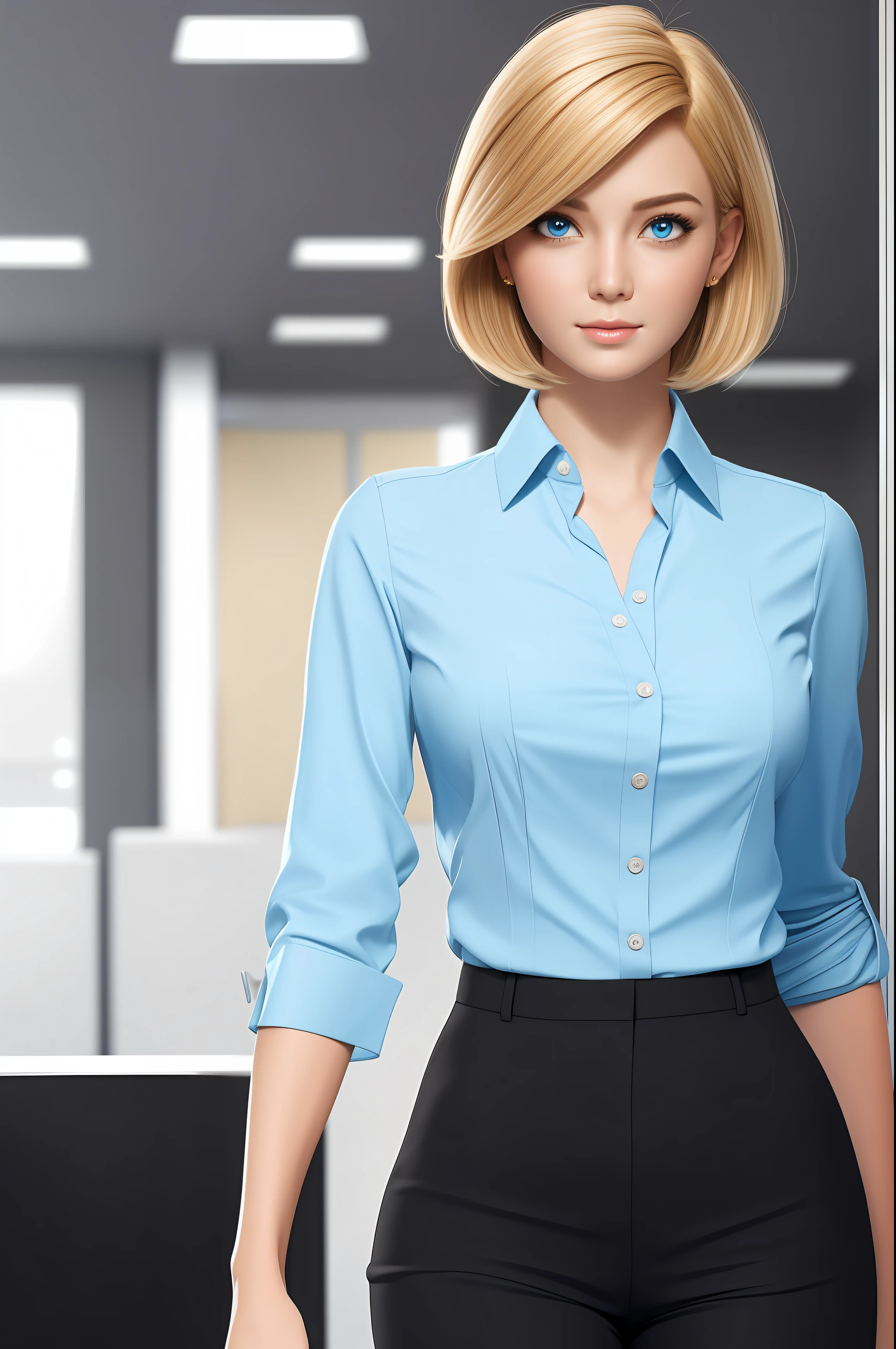 A close up of a woman in a blue shirt and black pants - SeaArt AI