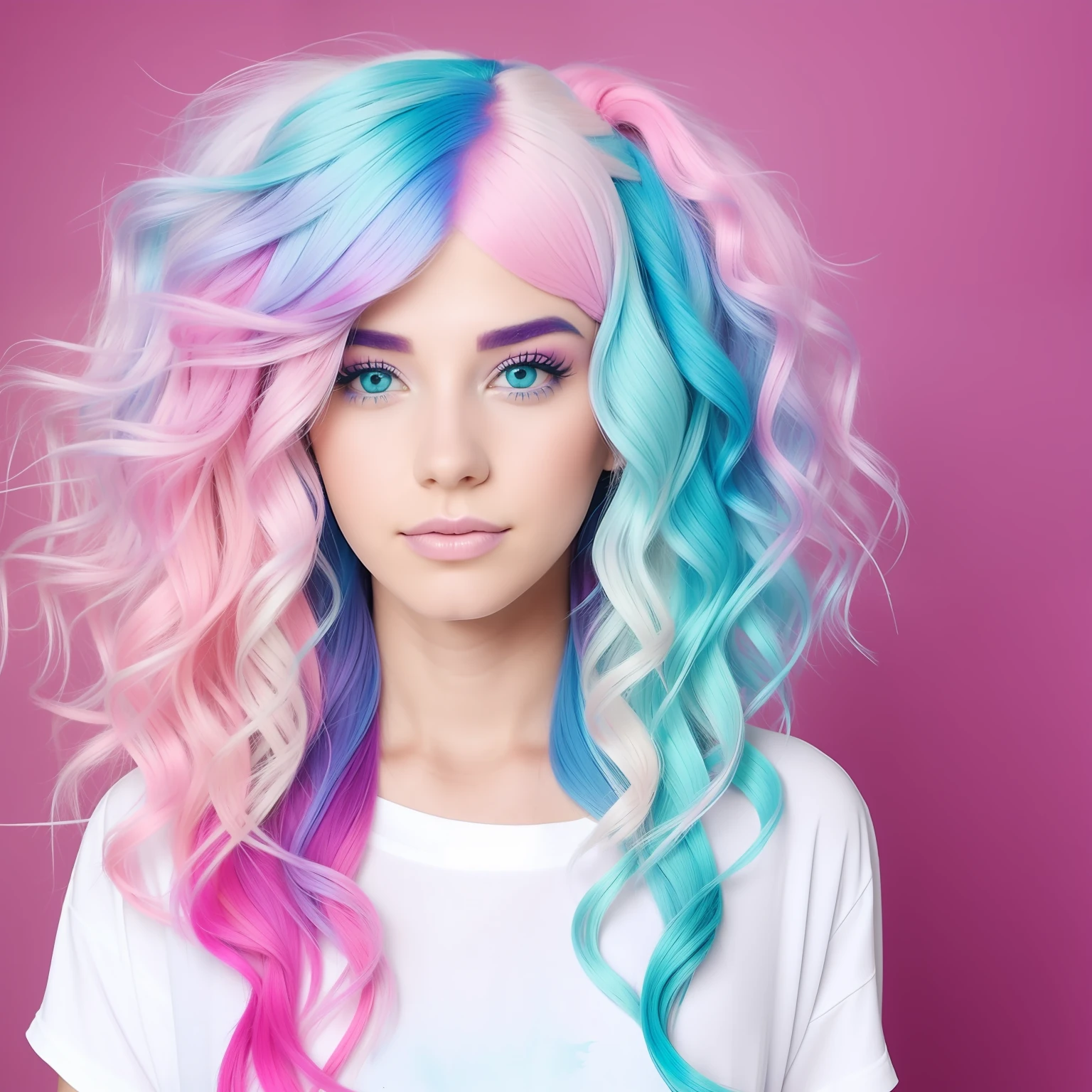 arafed woman with pink and blue hair wearing a white shirt, full body, messy curly pastel hair, pink and blue hair, bubblegum hair, dyed hair, pastel hair, long hair with pastel colors, bold pastel colors, two color hair, half and half dye, colored hair, long bubblegum hair, pink and teal, pastel colored, pastel vibe, two tone hair dye