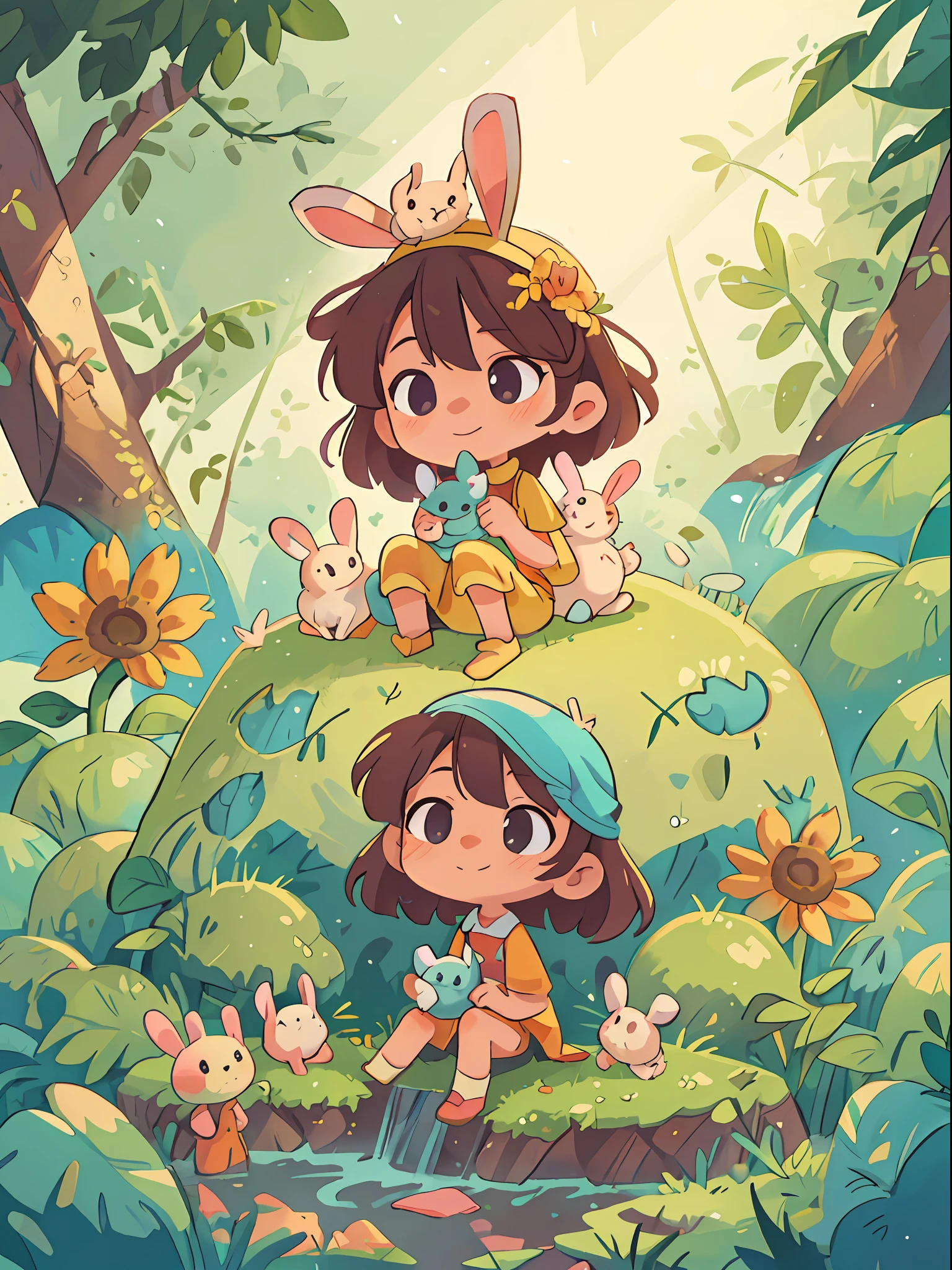 A very charming little hijab girl and her rabbit, sitting in the wood, at jungle, waterfall, sunflower, at the sunny day, The illustration is a high-definition illustration in 4K resolution with highly detailed facial features and cartoon-style visuals.