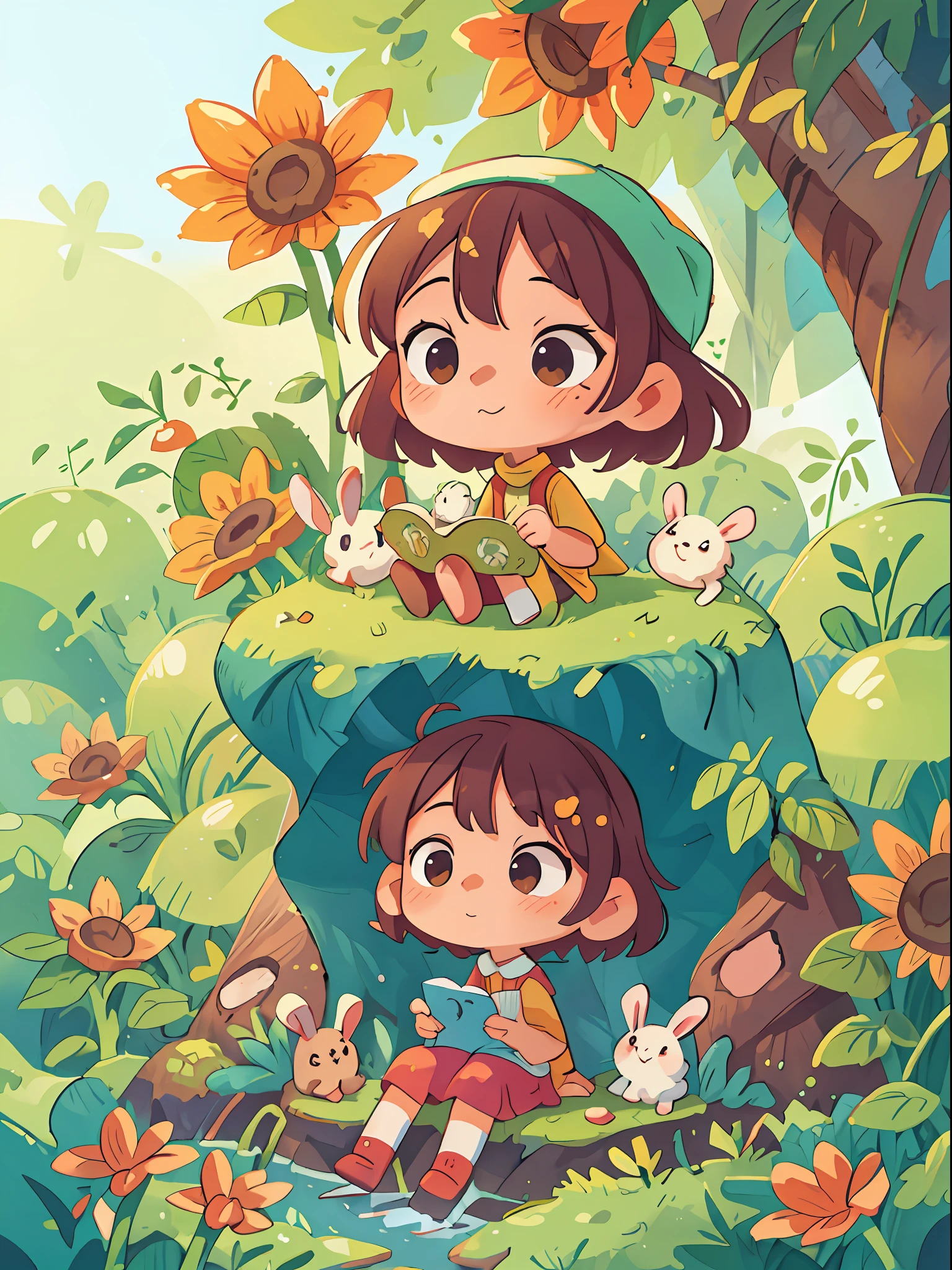 A very charming little hijab girl and her rabbit, sitting in the wood, at jungle, waterfall, sunflower, at the sunny day, The illustration is a high-definition illustration in 4K resolution with highly detailed facial features and cartoon-style visuals.