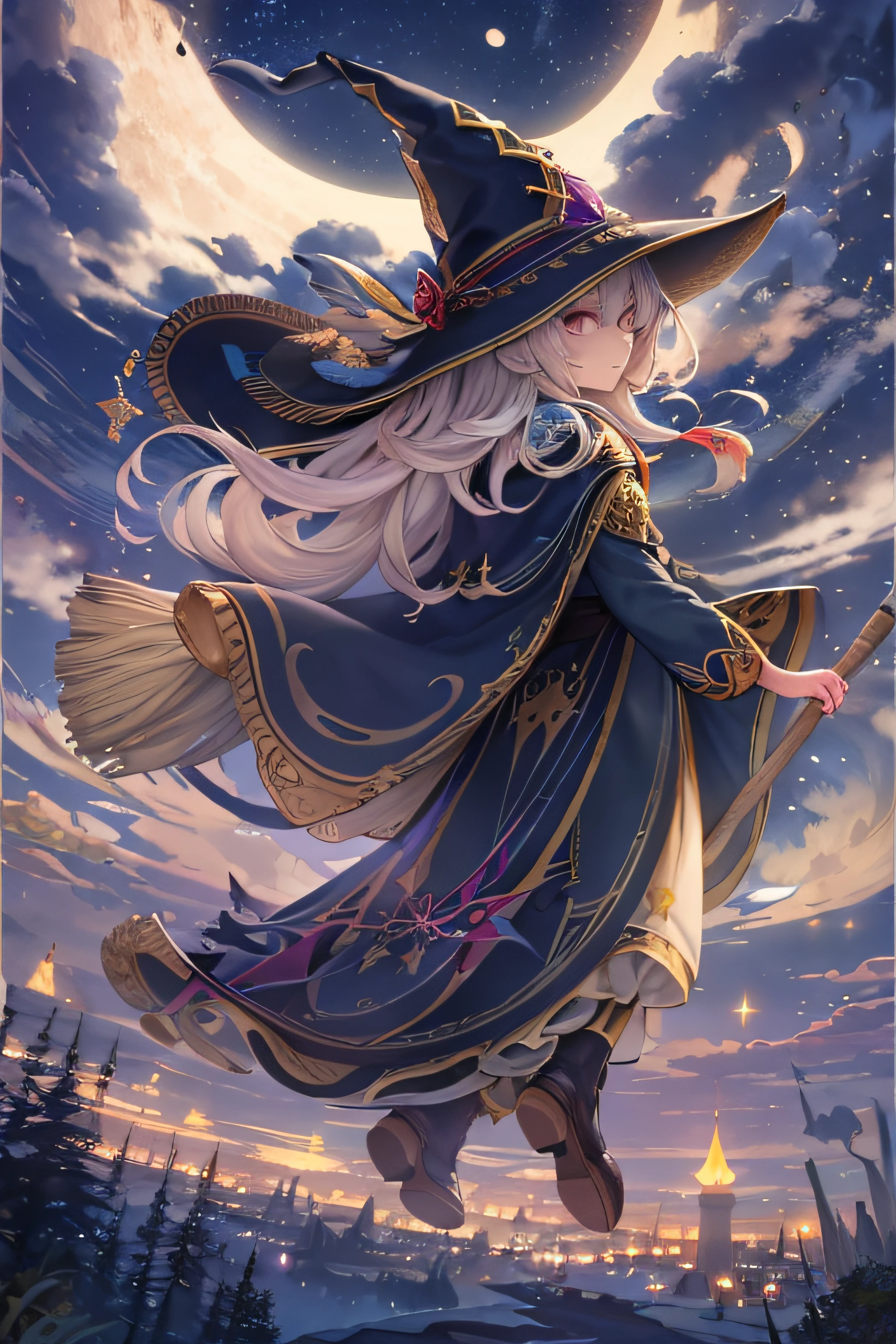 Top quality, ultra detail, illustration, 1girl, solo, fantasy, night sky, outdoors, magic, spell, moon, star, cloud, wind, hair, cape, hat, boots, broom, shining, mysterious, cape, capical, capical, capricious, capricious, playful, adventurous, , wonder, imagination, determination, skill, speed, movement, energy, realism, naturalism, figurative, expression, beauty, fantasy culture, mythology, fairy tale, folklore, legend, witch, wizard, fantasy world, composition, scale, foreground, midpoint, background, perspective, light, color, detail, beauty, wonder.