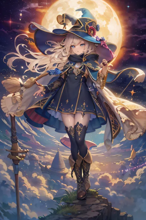 Top quality, ultra detail, illustration, 1girl, solo, fantasy, night sky, outdoors, magic, spell, moon, star, cloud, wind, hair,...