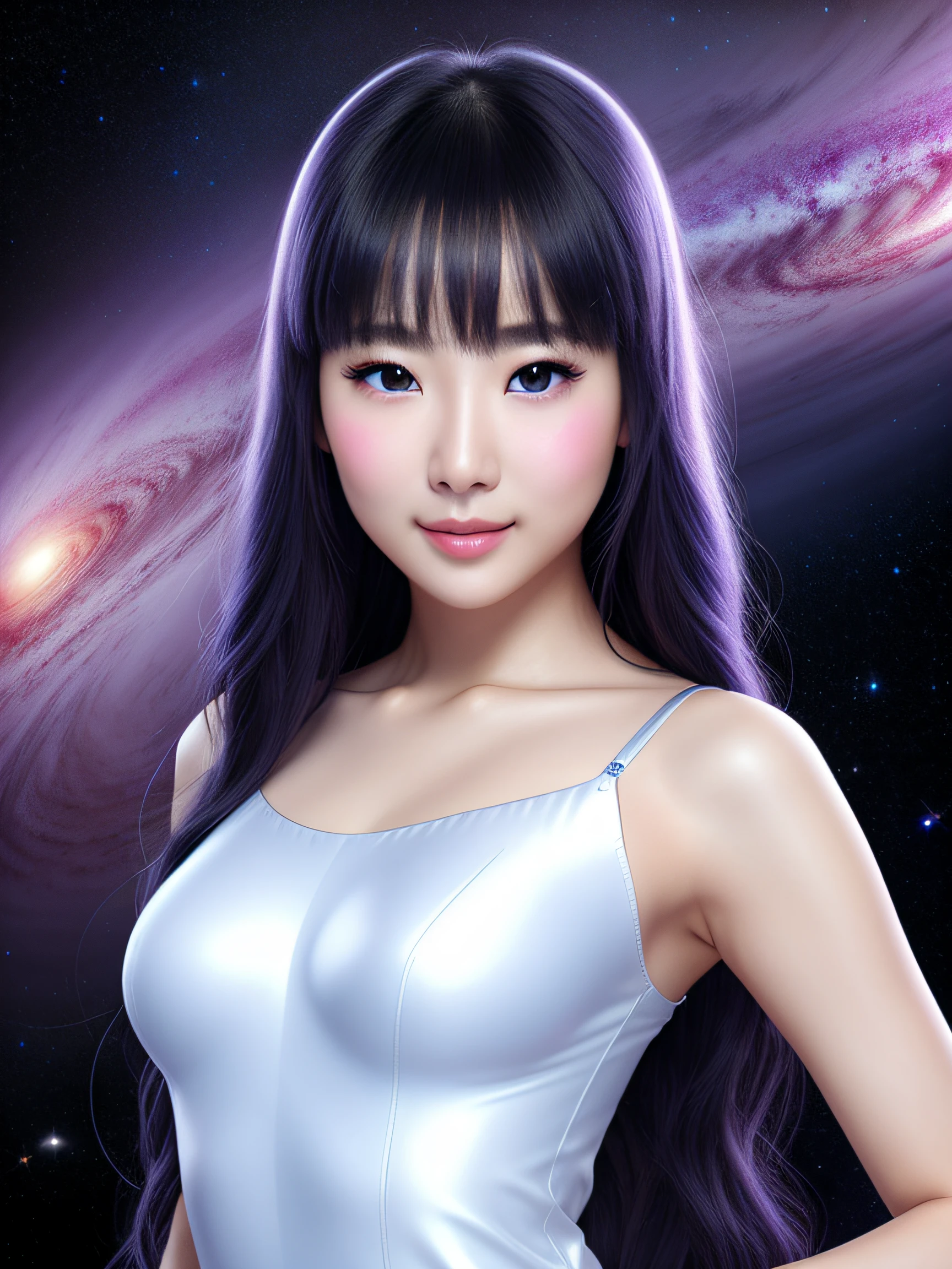 1girl in, A futuristic, Hyper-Realism, Verism,(Masterpiece Portrait Beautiful Girl Galaxy Goddess)、(gleaming skin)、Unevenness of the skin、nffsw、smil、shiny floating weightless hair、Clean face、A detailed face、FULL BODYSHOT、perfectly proportions、Quite winding、smil、radiant eyes、hovering、Grab the universe、etheric、hallucination、powerful legs、creation、top-quality、2050、8K、nffsw、lut、Accretion disc、nebulas、supernova、Blue World、