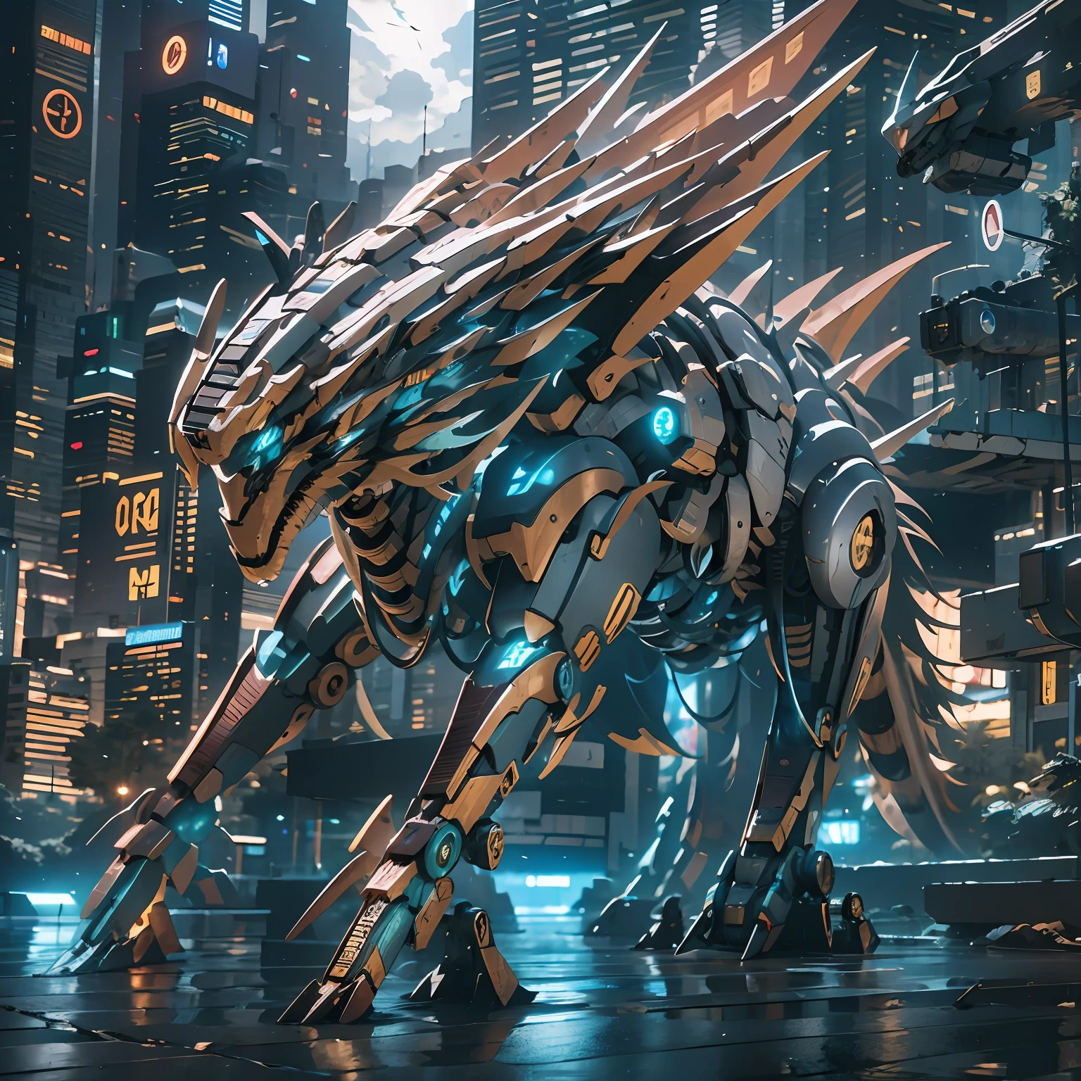 O dragão mecha，Em pé na frente do cenário da tecnologia do futuro，Dominador，（（obra-prima，melhor qualidade）），ilustração，8K ultra-detalhado，foco claro，Um altamente detalhado，Iluminação Profissional，Colorido Detalhado，