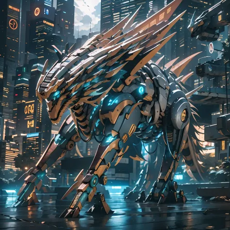 A mecha dragon，Standing in front of the background of future technology，Domineering，（（tmasterpiece，best qualtiy）），illustration，U...