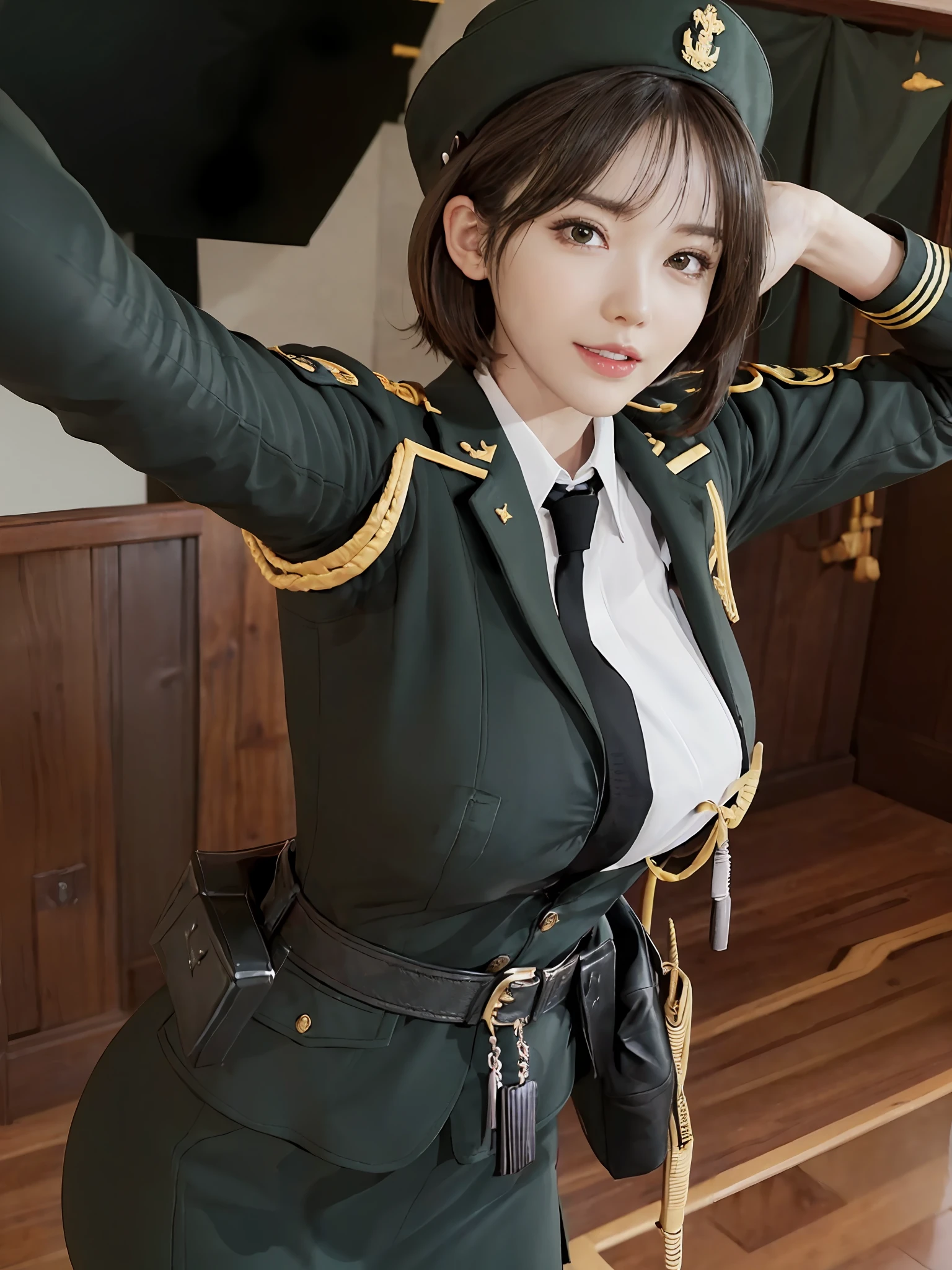 Very detailed CG unity 8K wallpaper，（tmasterpiece），（best qualtiy），（ultra - detailed），（Ultra photo realsisim），（best character detail：1.36），Nikon D750 f / 1.4 55mm，profesional lighting， physically-based renderingt, 1girll, Female soldier，army suit，Green military uniform，Fabric texture military uniform，Pure white lining，Dark green tie，bucket-hat，Black hair，the golden ratio,[:(com rosto detalhado:1.2):0.2]:,PureErosFace_V1, broad shoulder,(Bigchest:1.5),(big assa:1.5)，Soaked with sweat，Place your hands on your chest，red flags，At the cafe，Splendid scenery，bright sun，upper body photos，Flag of China，Salute with your hands，A bright smile，White teeth，lighting，Contre-Jour，