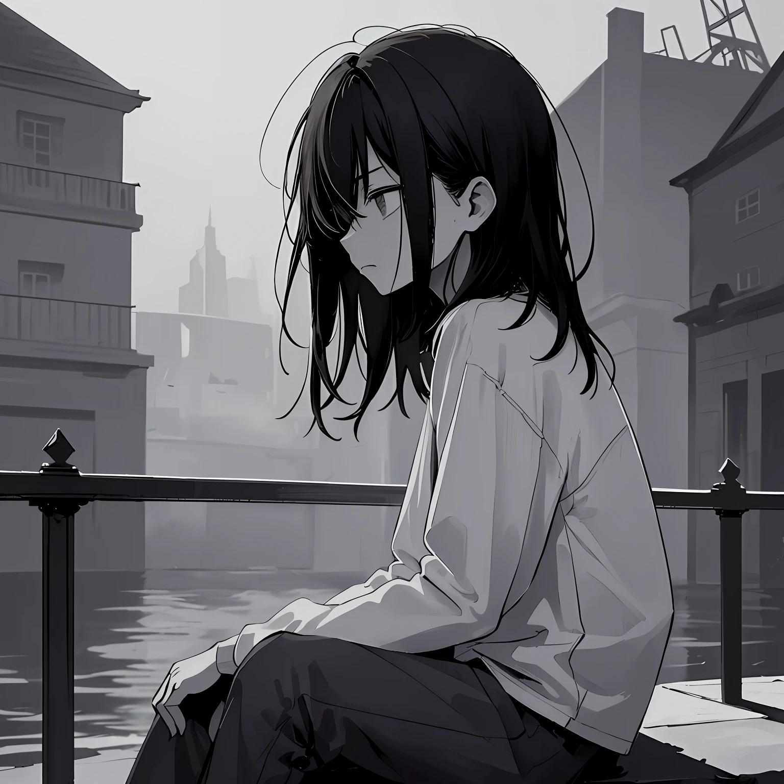 masterpiece, best quality, 1boy, solo, short_hair, looking_away, bangs, shirt, long_sleeves, dark hair, gloomy, moody, sad atmosphere, closed_mouth, morning world, soft shading, morning observer, shades of grey, complex background, dark backgrounds, outdoors, fullbody, sitting, sad, depression, long hair, melancholic expression