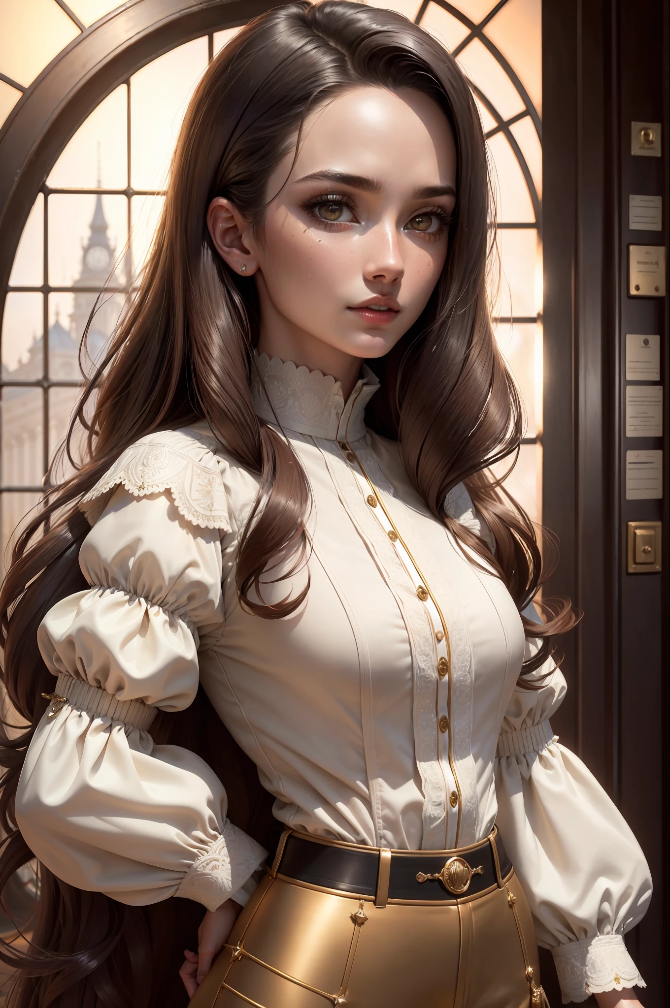 (1girl, 1person), (insanely detailed and intricate, hyperrealistic,  upper body portrait), an (Elegant European (female in her Early twenties with a  Petite body):1.3), (Flirty, flipped-out ends hairstyle), (natural colored eyes:1.15), (wearing Long-sleeve blouse and trousers:1.4), (Majestic library with spiral staircase:1.225), (imperfect skin, (extremely detailed skin,beauty marks:1.25)), Bloom,Bokeh, Cinematic, Film Grain, Ray Tracing Reflections, Chromatic Aberration, hypermaximalist, elegant, hyper realistic, super detailed,