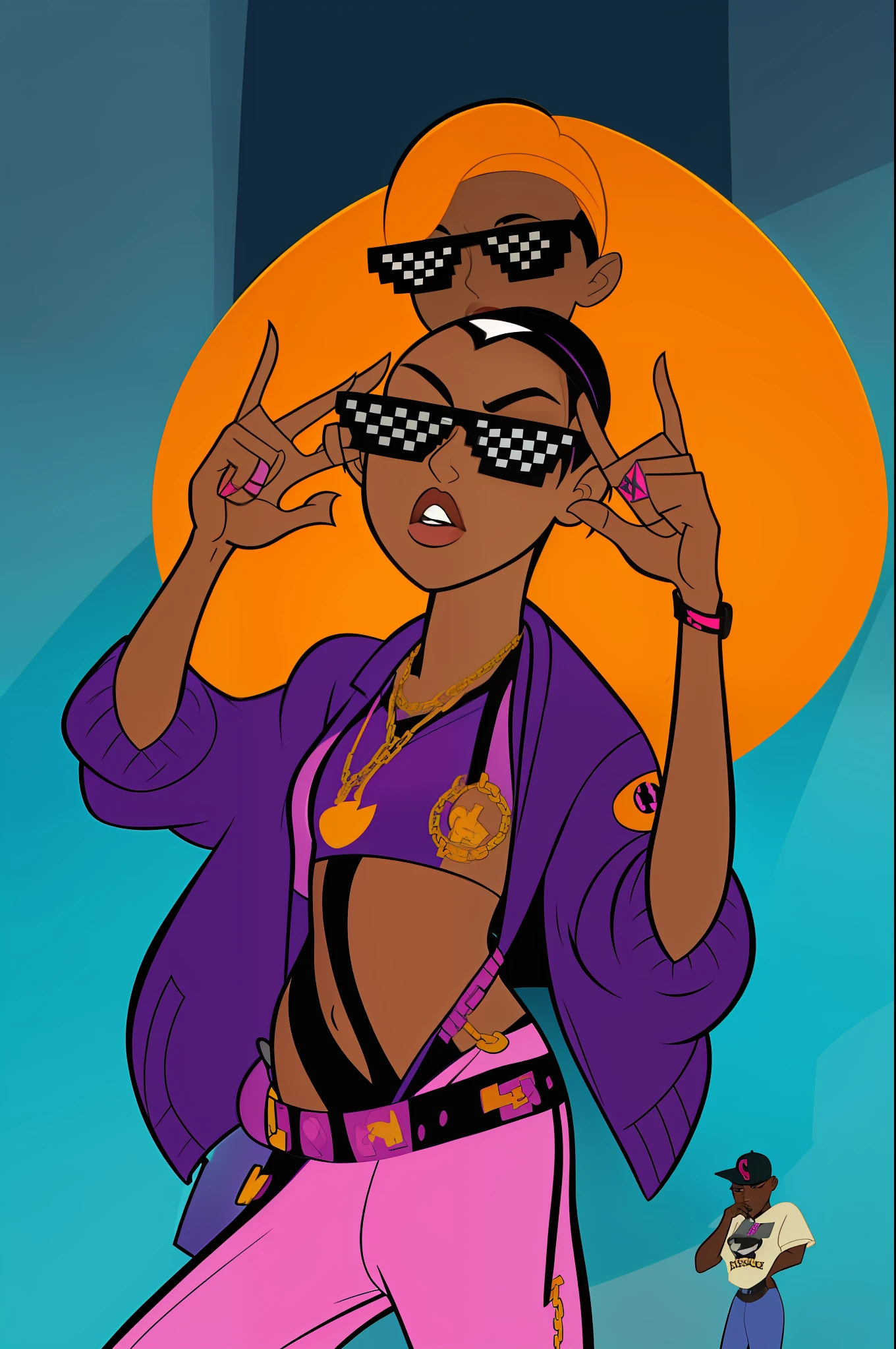 A cartoon of a woman in a purple jacket and sunglasses - SeaArt AI