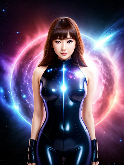 1girl, Futurism, Hyperrealism, Verism,(Masterpiece Portrait Beautiful Girl Galaxy Goddess)、gleaming skin、shiny floating weightle...