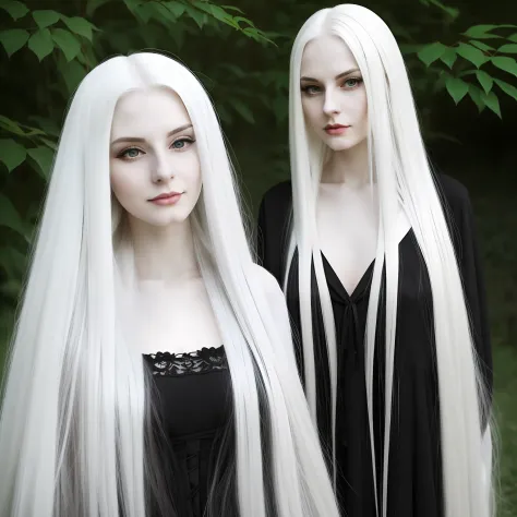 a woman with long white hair and a black dress, pale goth beauty, pale hair, with white long hair, with long white hair, intense...