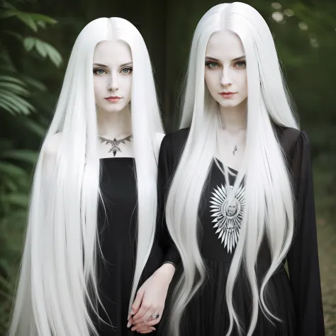 a woman with long white hair and a black dress, pale goth beauty, pale hair, with white long hair, with long white hair, intense...