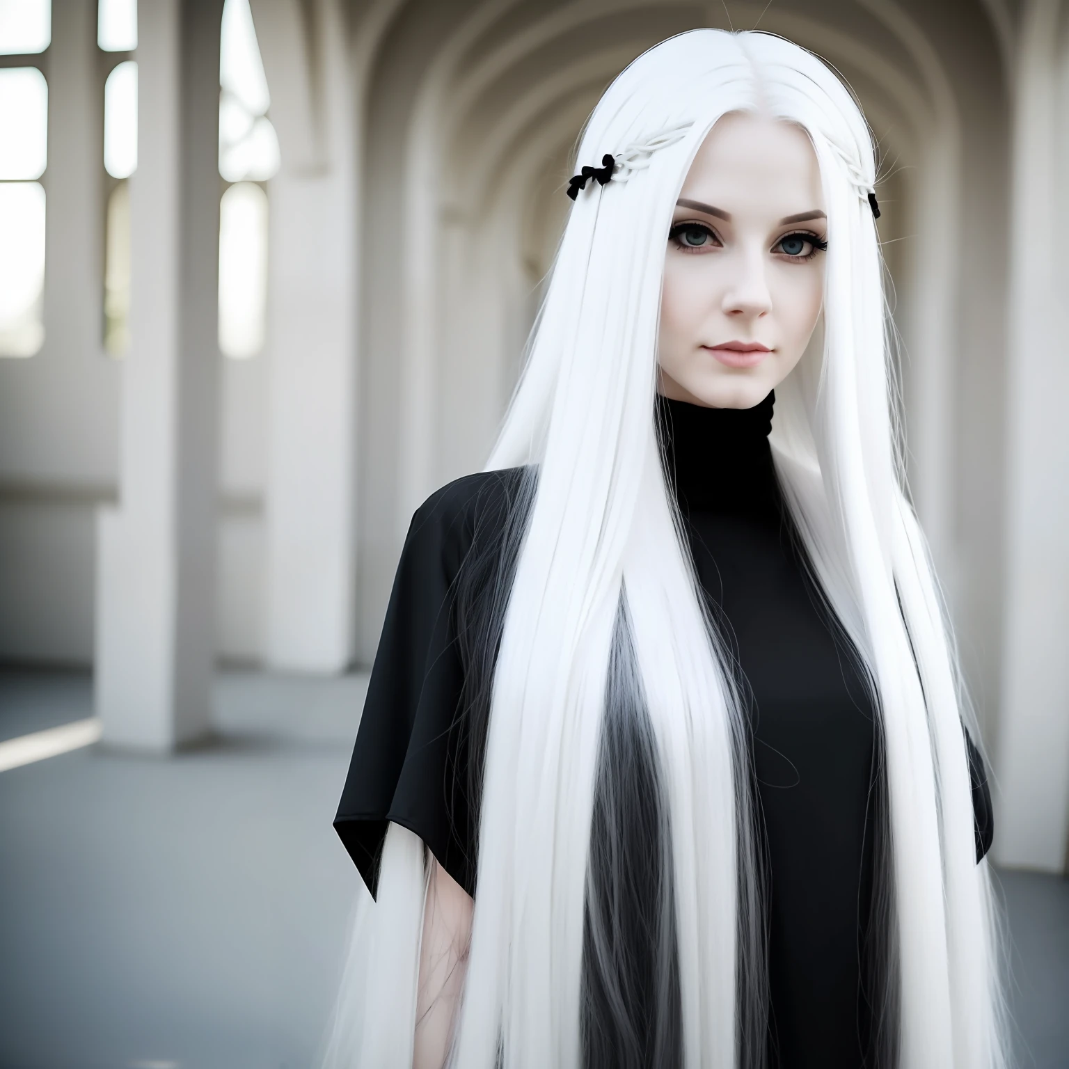 a woman with long white hair and a black dress, full body, pale goth beauty, pale hair, with white long hair, with long white hair, intense white hair, extremely pale white skin, long straight silver hair, perfect white haired girl, white beautiful hair, her hair is white, white hair, long length slick white hair, long silver hair