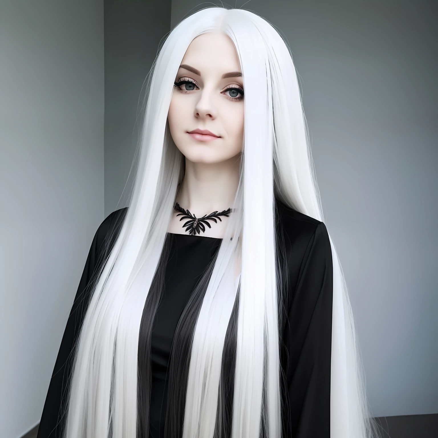 a woman with long white hair and a black dress, full body, pale goth beauty, pale hair, with white long hair, with long white hair, intense white hair, extremely pale white skin, long straight silver hair, perfect white haired girl, white beautiful hair, her hair is white, white hair, long length slick white hair, long silver hair