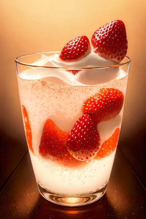 (Magical Photo:1.3) of (Realistic:1.3),(Energetic:1.3) product photography of a strawberries falling into a glass of milk, splas...