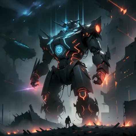 Masterpiece, best quality, giant mech, no humans, black armor, blue eyes, science fiction, fire, laser cannon beam, war, conflict, destroyed building background, (night), darkness, no light, starry sky