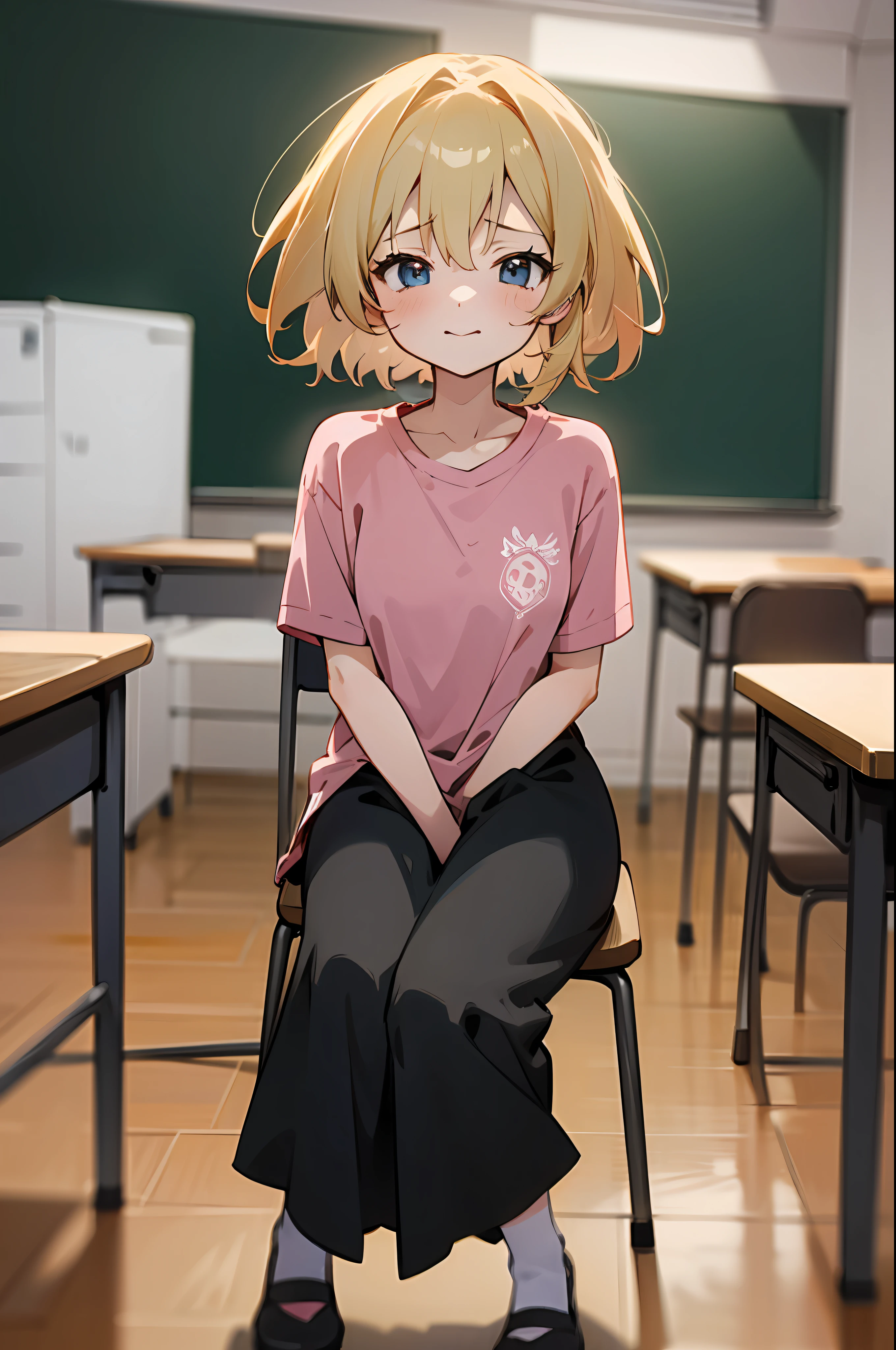 Menina anime witH blonde Hair, wearing pink tsHirt , estilo de arte anime moe, corpo todo, Menina anime wearing a black dress,,seductive Menina anime, sittinng on tHe table, sala de aula, anime fofo 8k, , (Menina anime), zerocHan art, 1 garota, H, HigH res, ultrasHarp, 8K, Obra de arte, Corpo perfeito, rosto perfeito, rosto fofo,