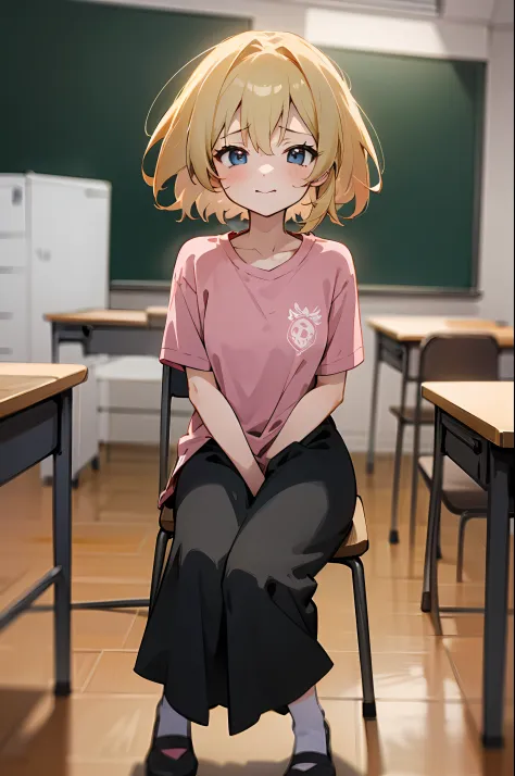 anime girl with blonde hair, wearing pink tshirt , anime moe artstyle, full body, anime girl wearing a black dress,,seductive an...