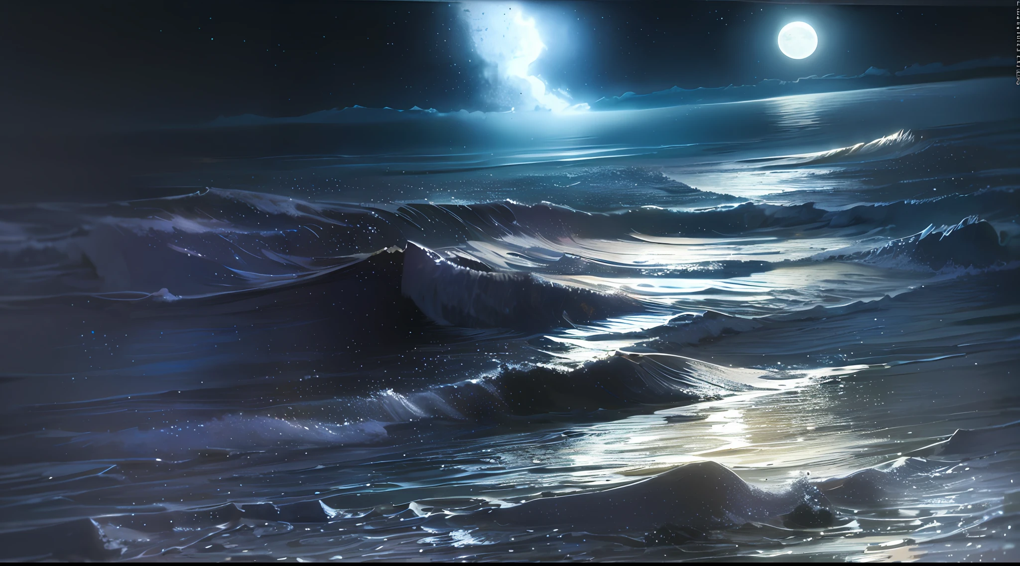 (moonlit night),(on the beach,crashing waves),(dramatic lighting),(silhouettes),(sparkling sand),(peaceful and relaxing atmosphere)