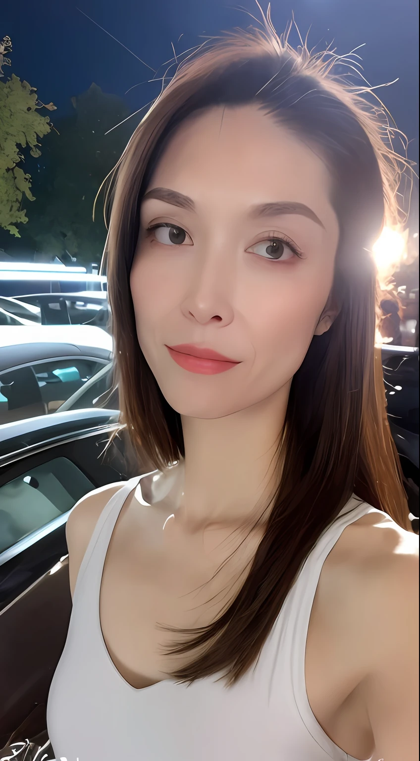 ((Realistic lighting, Best quality, 8K, Masterpiece: 1.3)), Clear focus: 1.2, 1girl, Perfect Figure: 1.4, Slim Abs: 1.1, ((Dark brown hair)), (White crop top: 1.4), (Outdoor, Night: 1.1), City streets, Super fine face, Fine eyes, Double eyelids,