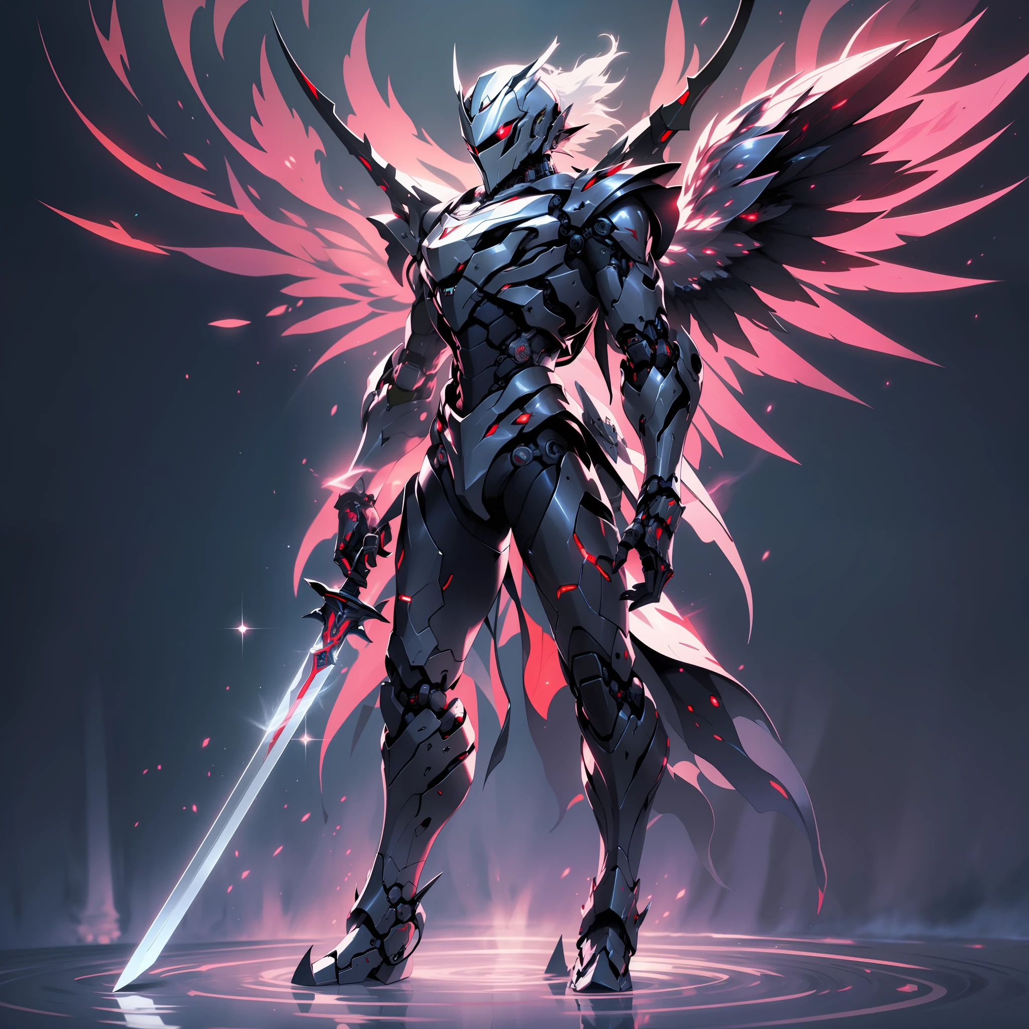 El caballero con la espada al frente tiene alas., luz reflejada, poder rojo, Brillantina, semi robot, no humano, luz oscura, brillando de nuevo
