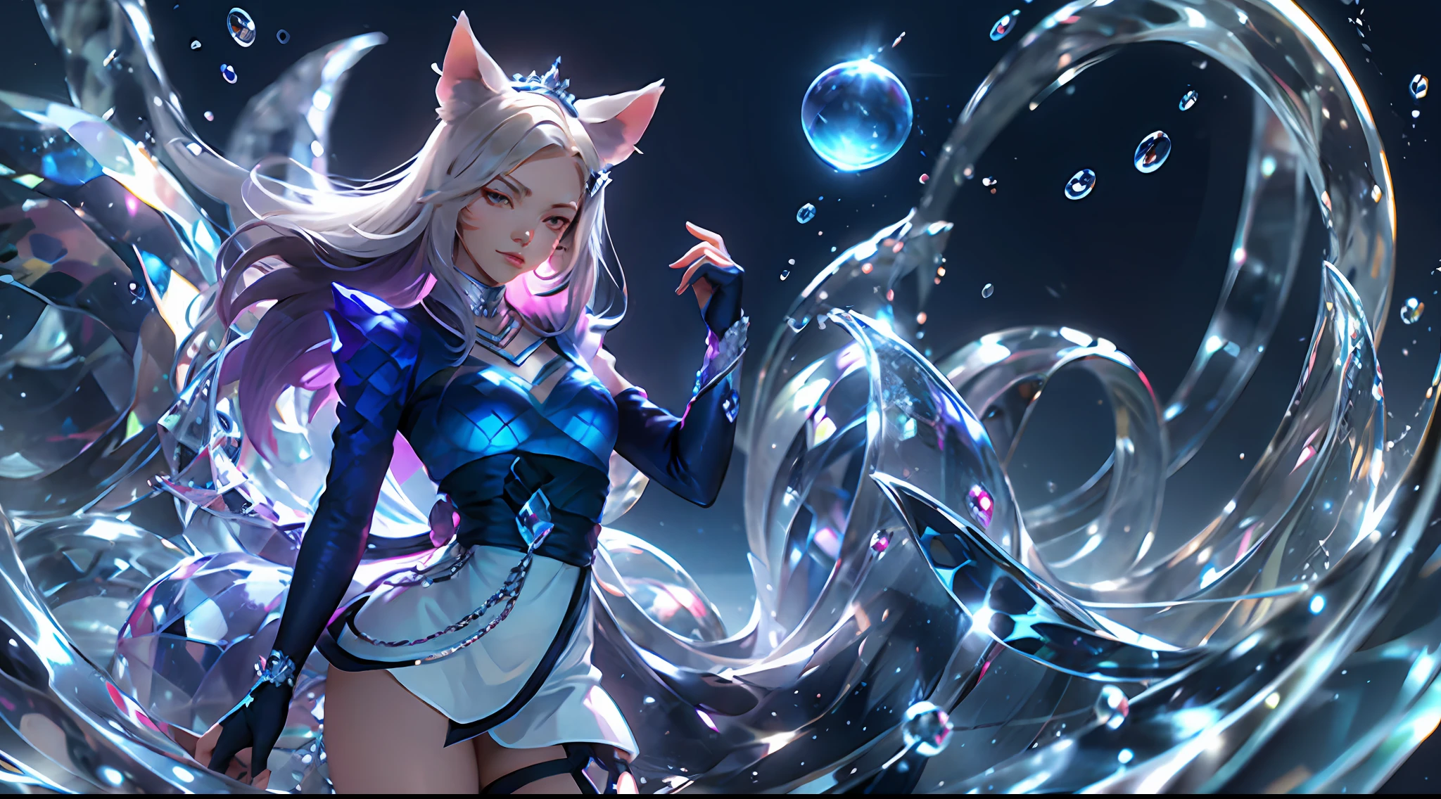 tiara, sailor senishi uniform, blue sailor collar, perfect face knee boots, white gloves, elbow gloves, jewelry, earrings, blue skirt, cowboy shooting, sphere, crystal ball, 1 girl water jade tree water, a beaver, a fox \ (League of Legends), K/DA\ (League of Legends), animal ears, face markings, fox ears, fox tail, orange eyes, multiple tails, tail,