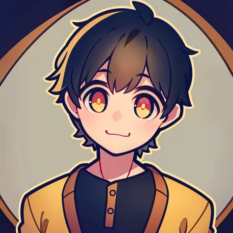 A boy with short black hair and yellow pupils is selling a cute Q printmaking style