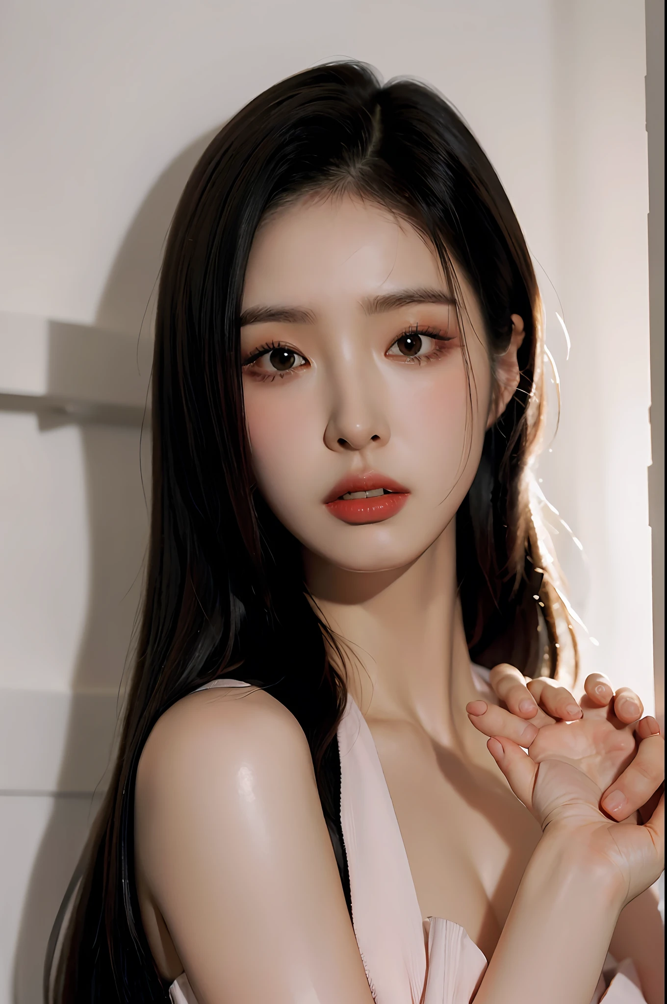 Best quality, masterpiece, ultra high res, (photorealistic:1.4), raw photo, 1girl, long straight black hair, makeup, parted lips,looking at viewer