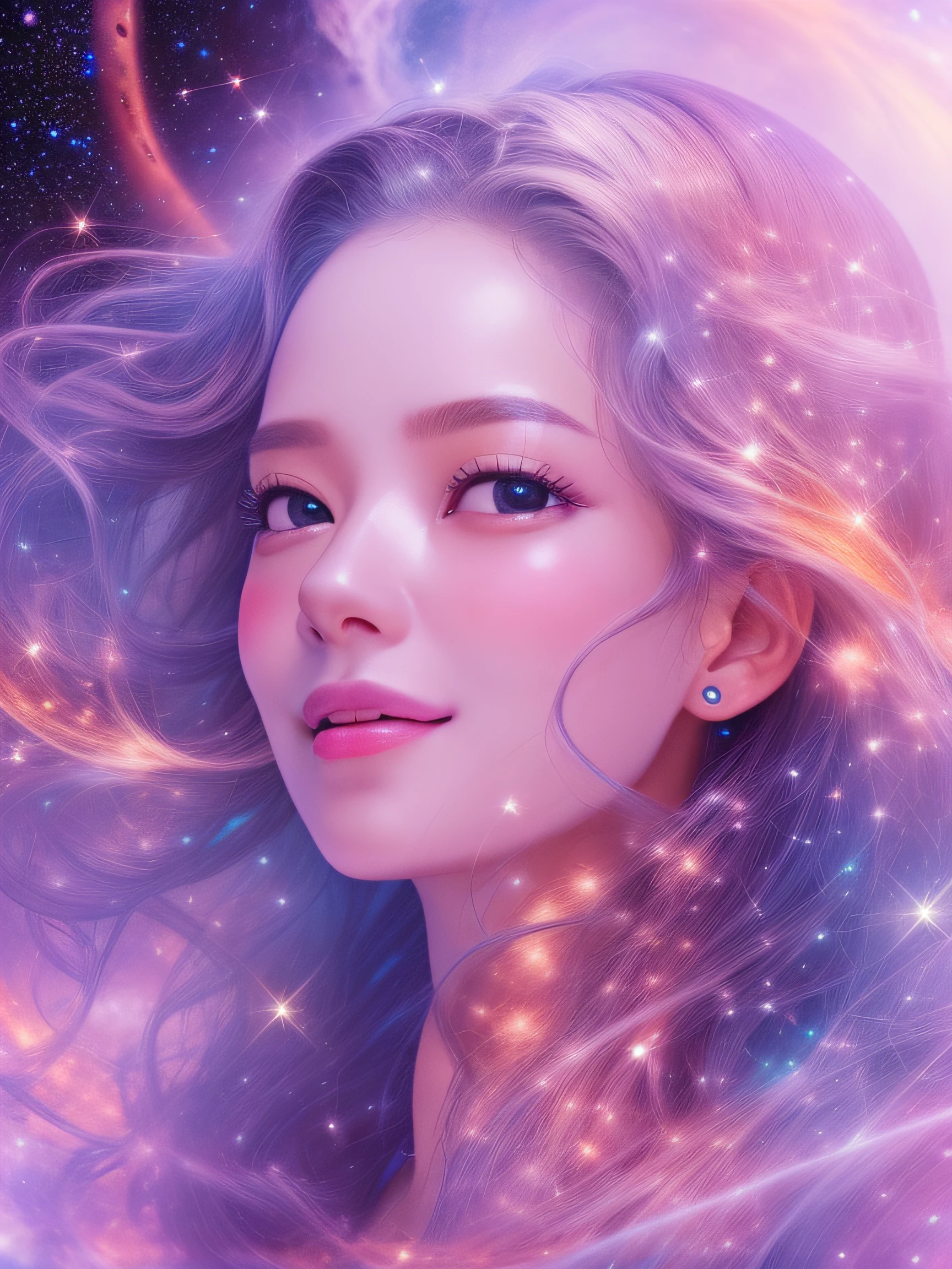 1girl in, A futuristic, Hyper-Realism, Verism,(Masterpiece Portrait Beautiful Girl Galaxy Goddess)、(gleaming skin)、Unevenness of the skin、nffsw、smil、shiny floating weightless hair、Clean face、A detailed face、(FULL BODYSHOT:1.8)、perfectly proportions、Quite winding、smil、radiant eyes、hovering、Grab the universe、etheric、hallucination、powerful legs、creation、top-quality、2050、8K、nffsw、lut、Accretion disc、nebulas、supernova、Blue World、