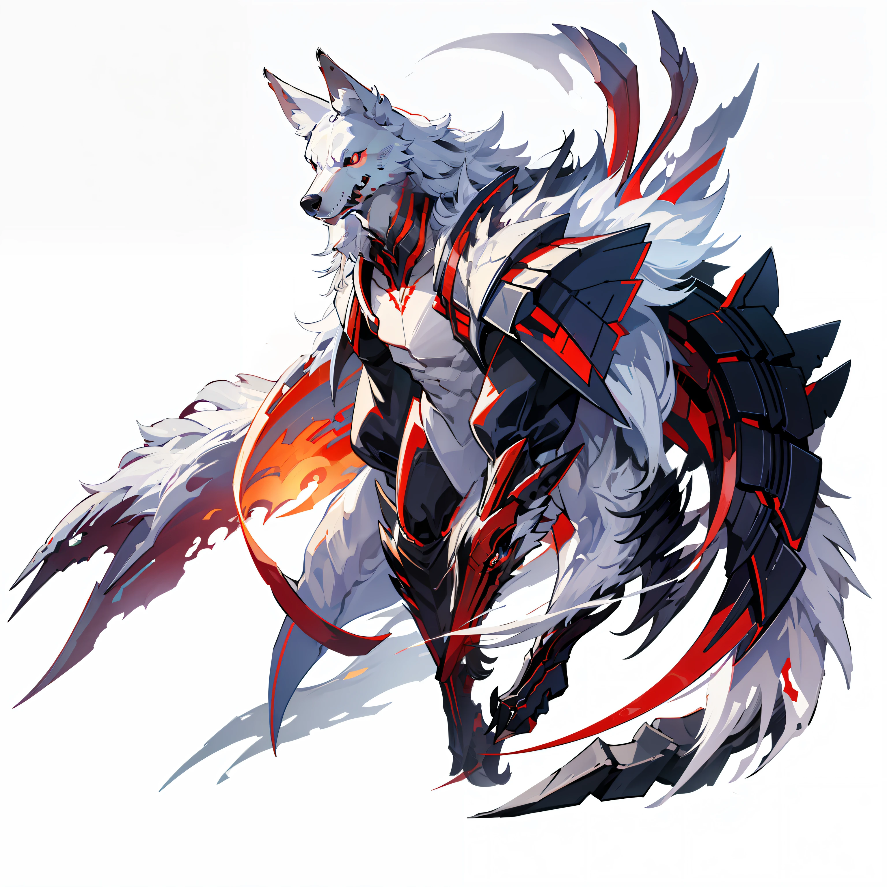 Full body shot, No background, White background, wolf, Red Eyes, Long hair, Slender body, Three tails, wolf arms, ferocity