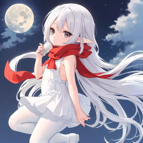 simple background、((white backgrounid))、pointy ear、((Snowy Elves))、Lori、toddlers、6years old、(((Chibi)))、sticker style、child's body、flat breast、(Cute girl in red scarf)、White hair、((grey  eyes))、White coat、white skirt、((big breasts 
White  pantyhose))、White...