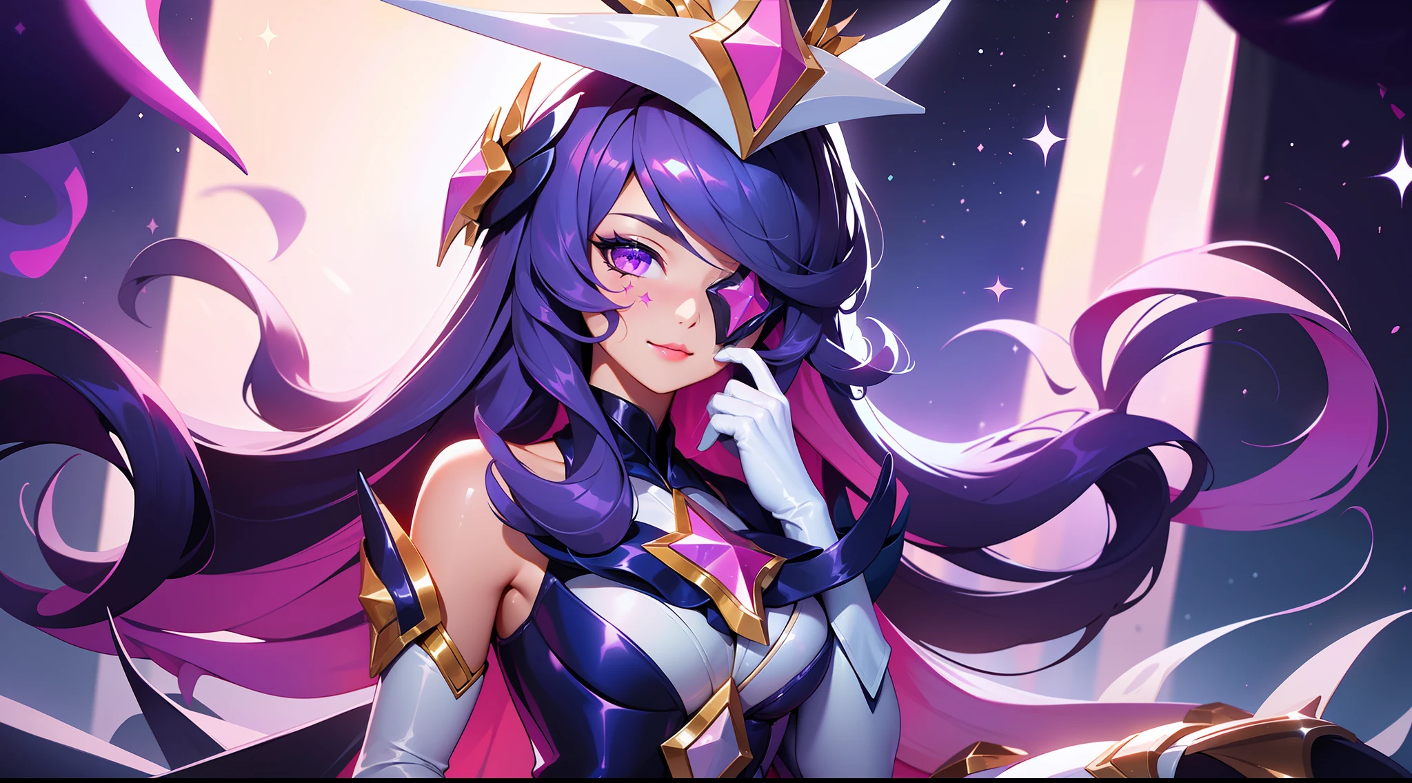 (obra maestra:1.2), mejor calidad, (ilustración:1.2), Star Guardian Syndra, 1 chica, Vendas en los ojos, adornos para el cabello, falda con volantes, vestido, Parte superior del cuerpo, retrato