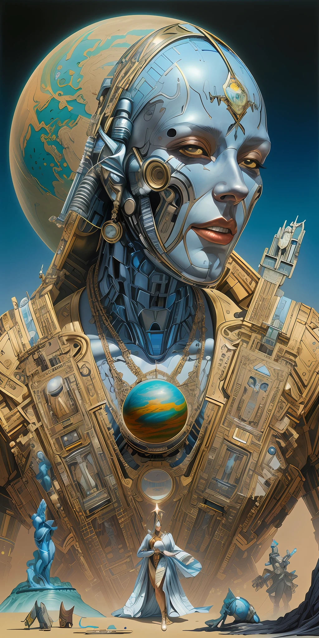 painting of a man with a futuristic head and a planet in the background, greg beeple, goddess. extremely high detail, peter mohrbacher highly detailed, detailed portrait of a cyborg, peter mohrbacher donato giancola, hyperdetailed | donato giancola, moebius and mohrbacher, extremely detailed goddess shot