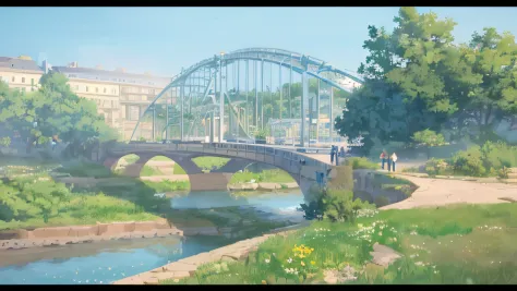 ((High quality)), ((Masterpiece)), There are several people on the bridge in the anime world, ( ( Makoto Shinkai ) ), makoto shi...