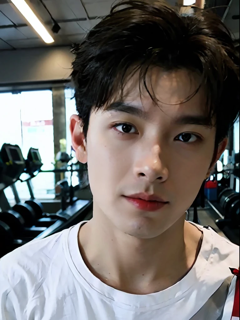 best quality, ultra high res, (photorealistic:1.4), masterpiece, Kodak portra 400, blurry background , gym, (face Focus:1.3),1boy ,white skin, white t-shirt, posing, looking at viewer ,face focus