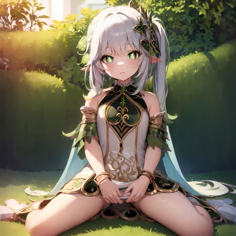 Anime girl sitting on the ground with her legs open, Elf Girl, Charming elven princess, cute anime waifu in a nice dress, elf pr...