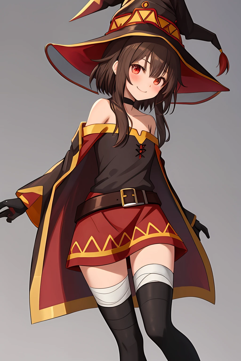 Megumin, Verrückter Zauberer, 1 Mädchen, Allein, Hexen Hut, braune Haare, Lange kurze Haare, rote Augen, erröten, böses Lächeln, schwarzes Halsband, Schlüsselbein, FLACHE BRUST, Off-Shoulder-Kleid, rotes Kleid, Brauner Umhang, lange Ärmel, schwarze Handschuhe, fingerlose Handschuhe, brauner Gürtel, Goldbesatz, (Asymmetrische Beine: 1.4), Unübertroffene Beinbekleidung, (bandagierte Beine: 1.3), schwarze Oberschenkel, (Arme hinter dem Rücken: 1.3), Einfacher Hintergrund, gute Qualität, Hohe Auflösung. ((draußen))