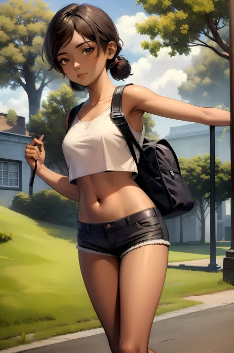 ((masterpiece, best quality)), solo ,1girl, clementine, dark skin,  hot pants, crop top, shoulder length hair, backpack, school ...