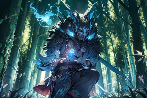 A young male teenager with half japanese ghost mask holds blue fire, wears japanese black light armor, in the dark forest, cinematic lighting, depth of field, glowing light, ray tracing, reflection light, close-up, masterpiece, masterpiece, high quality, b...