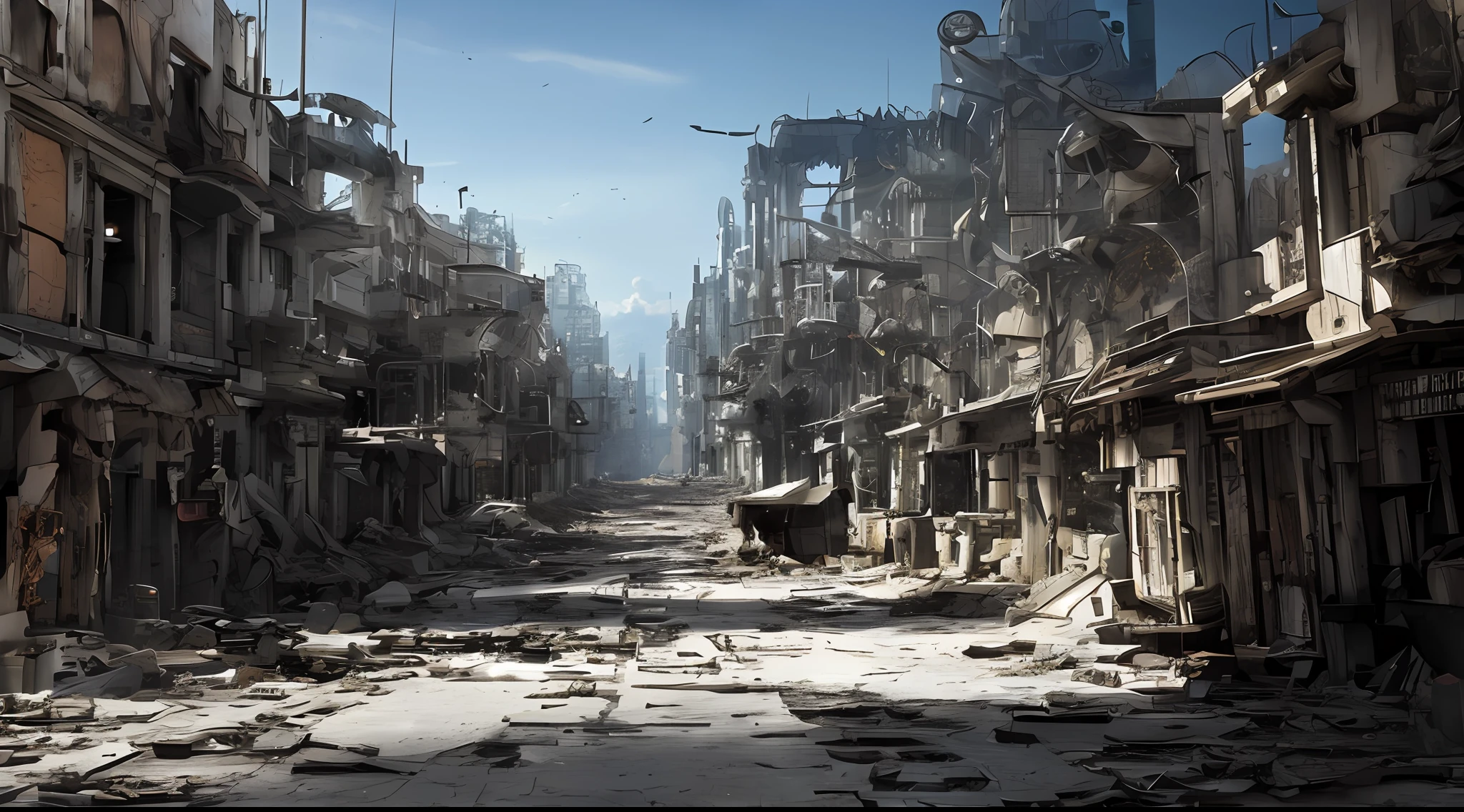 后世界末日未来城市, 破碎的玻璃针, 满是废墟的街道, 机器损坏
