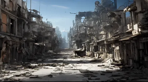 post apocalyptic futuristic city, Agujas de cristal destrozadas, Calle llena de escombros, broken machines