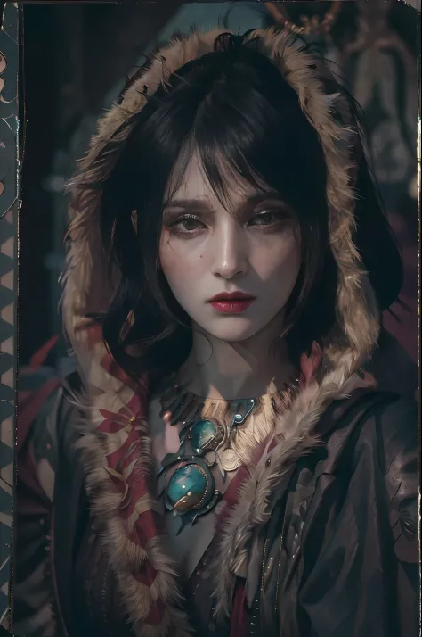 masterpiece, highest quality, RAW, analog style, A stunning portrait of a beautiful woman, morrigan, breast, wearing a mage robe...