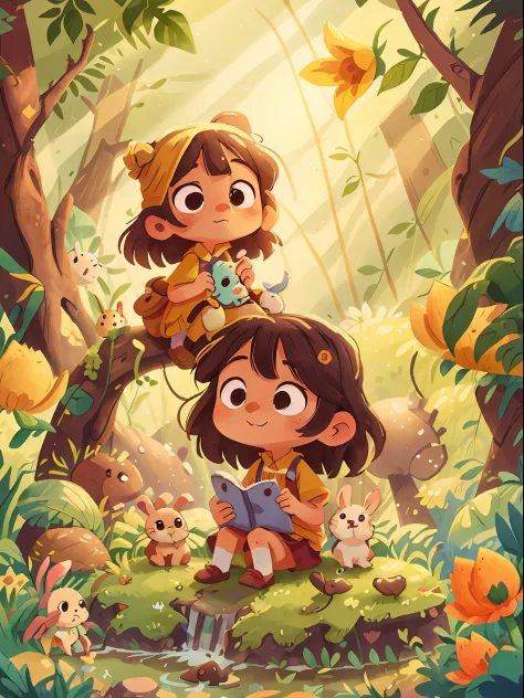 Little hijab girl and her rabbit, sitting in the wood, at jungle, waterfall, sunflower, at the sunny day, The illustration is a ...