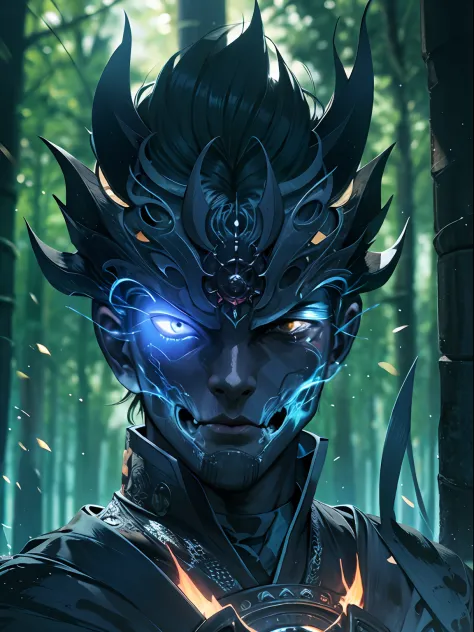 A young male teenager with half japanese ghost mask holds blue fire, wears japanese black light armor, in the dark forest, cinematic lighting, depth of field, glowing light, ray tracing, reflection light, close-up, masterpiece, masterpiece, high quality, b...