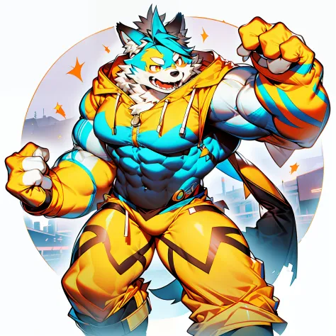 coyote，Furry，Orange-white hair，musculature，Muscle men，nakeness，Strong，ultraclear，Has a large ，Collar，Black  shorts，red pupils，Ab...