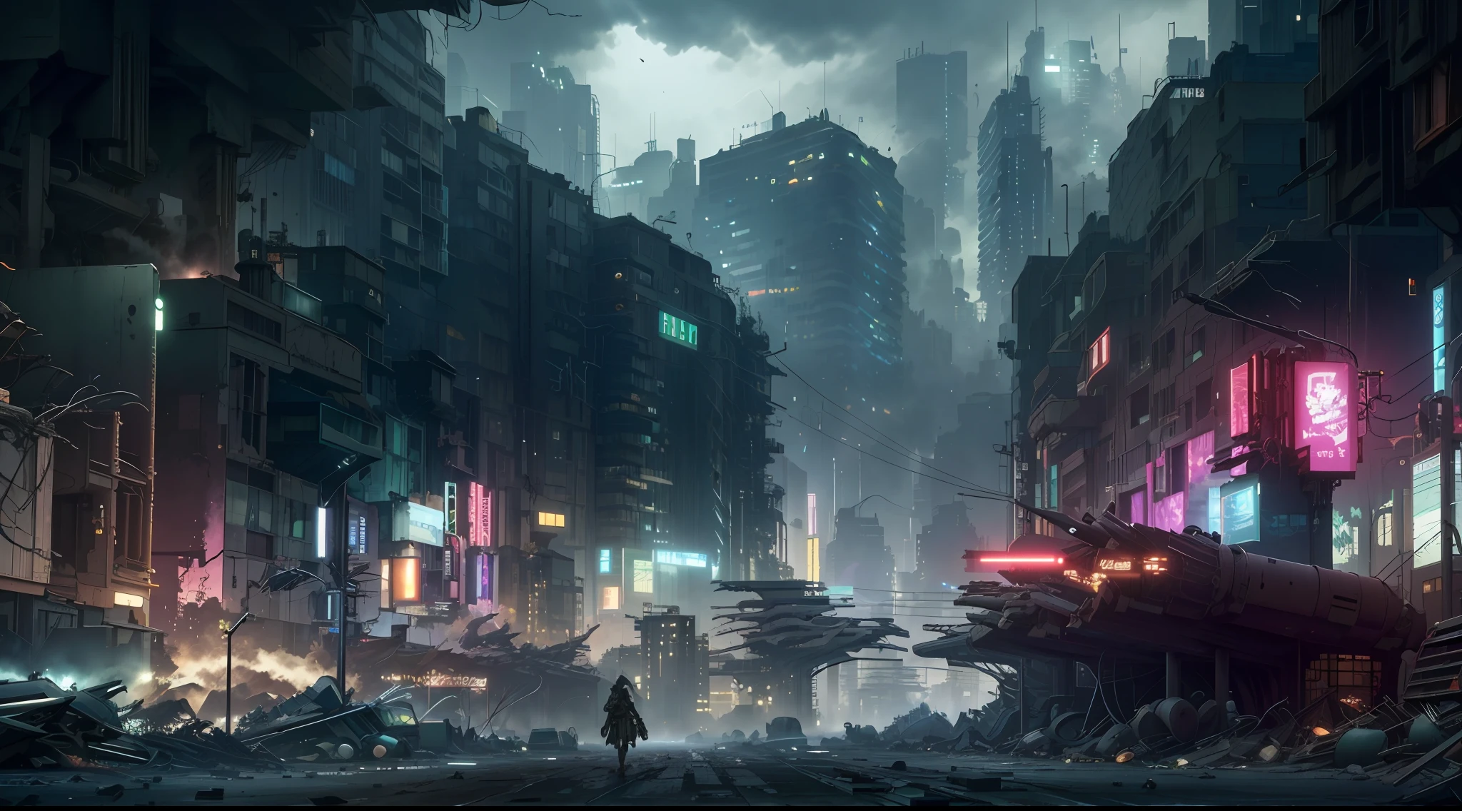 there is a picture of a city street with a lot of buildings, digital concept art of dystopian, dirty cyberpunk city, cyberpunk apocalyptic city, post - apocalyptic city streets, cyberpunk city abandoned, dystopian scifi apocalypse, dystopian cyberpunk city, dark cyberpunk metropolis, dark fantasy city, dire cyberpunk city, apocalyptic city, destroyed city, cyberpunk dark fantasy art, dark futuristic city, cyberpunk street