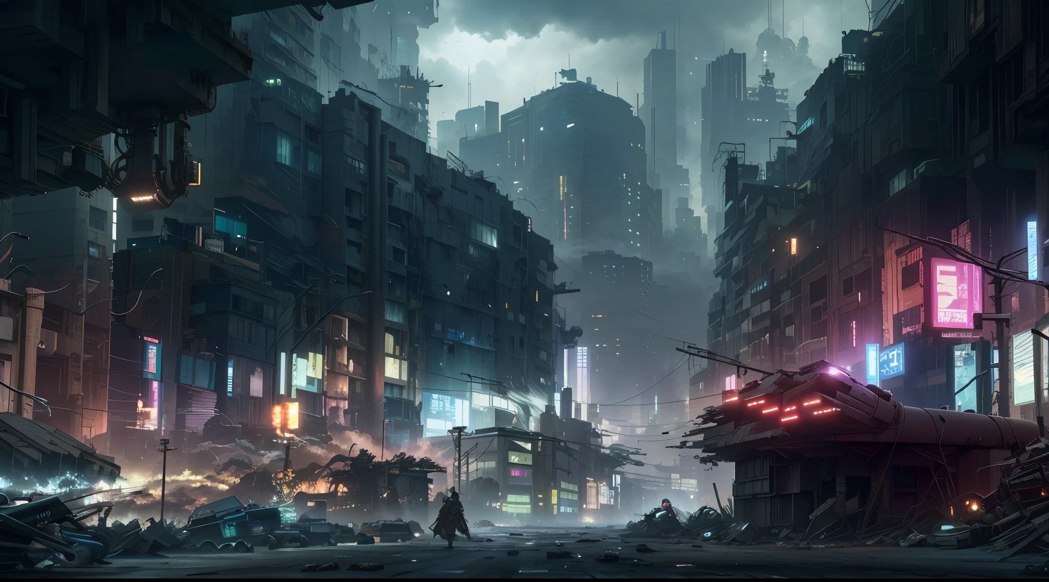 there is a picture of a city street with a lot of buildings, digital concept art of dystopian, dirty cyberpunk city, cyberpunk apocalyptic city, post - apocalyptic city streets, cyberpunk city abandoned, dystopian scifi apocalypse, dystopian cyberpunk city, dark cyberpunk metropolis, dark fantasy city, dire cyberpunk city, apocalyptic city, destroyed city, cyberpunk dark fantasy art, dark futuristic city, cyberpunk street