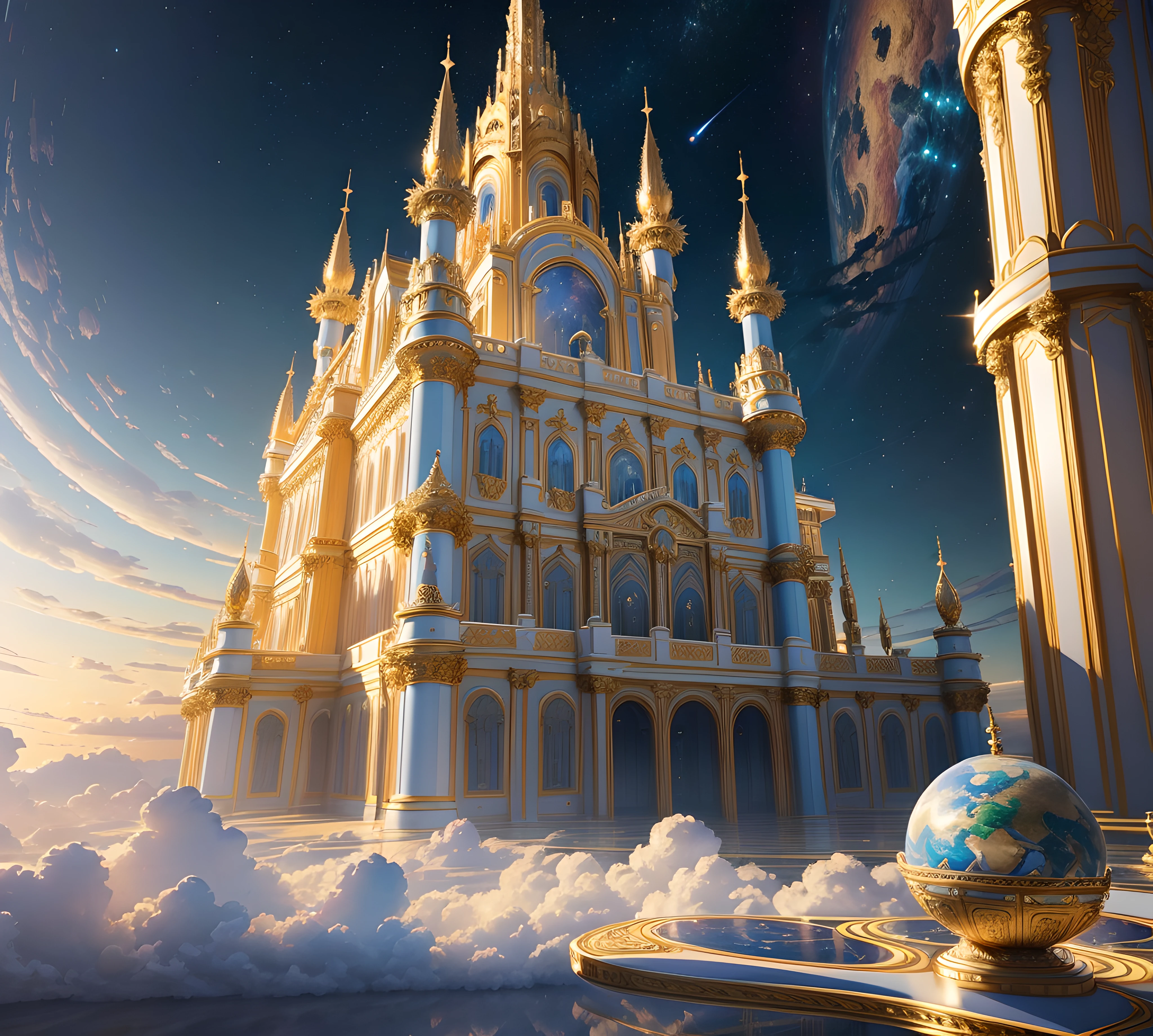 Best quality, masterpiece, photorealistic, (high resolution CGI artwork 8k), create a architectural masterpiece of an opulent celestial castle floating in the sky, the color scheme is ethereal in holographic reflective pale blue, golds, and blue marble, ornate, high-resolution, 3D-rendered masterpiece of digital art, heavenly, dreamy glimmer